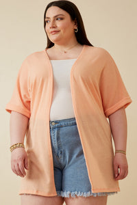 HDK1910 CORAL Womens Textured Knit Roll Sleeve Open Kimono Front