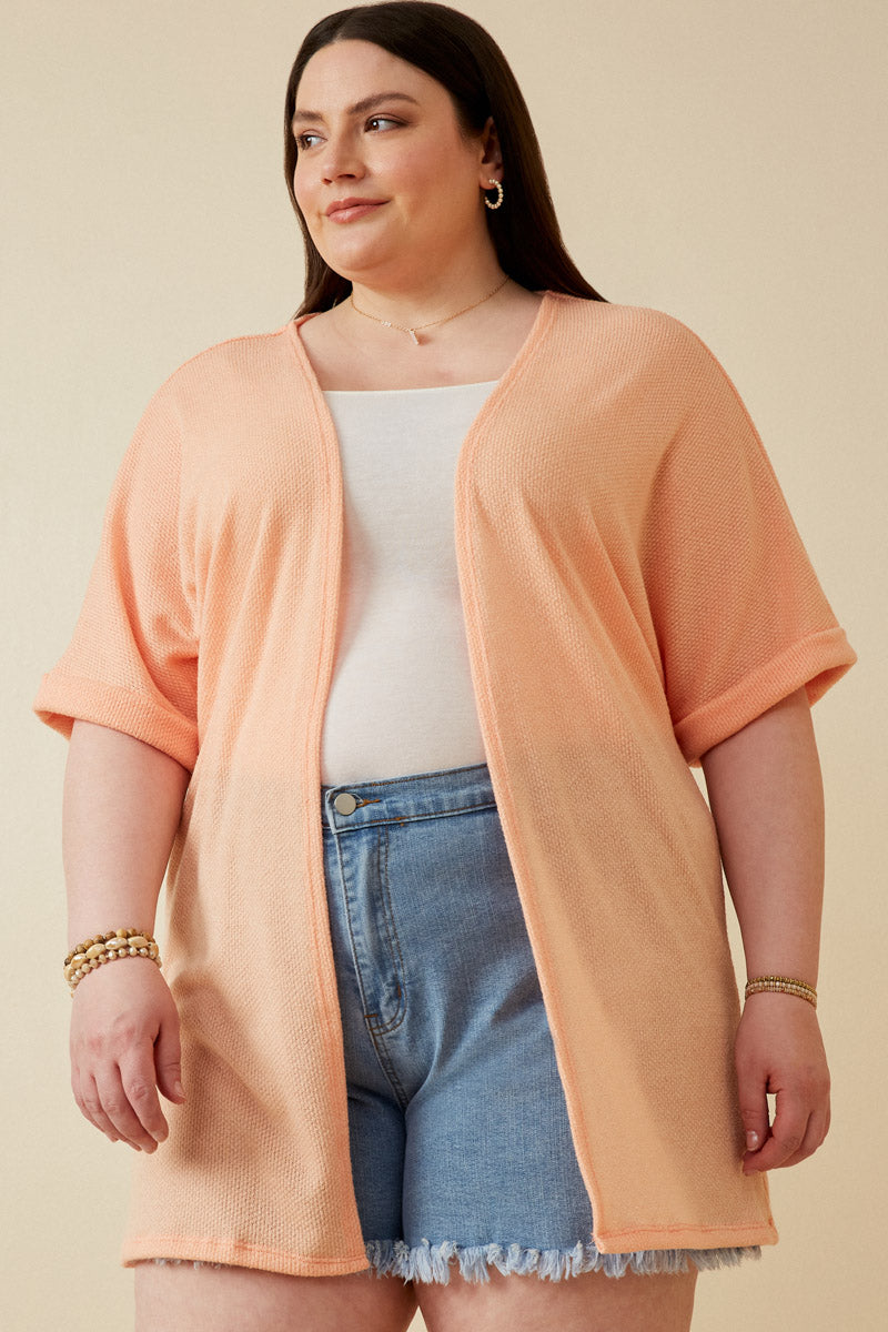 HDK1910 CORAL Womens Textured Knit Roll Sleeve Open Kimono Front