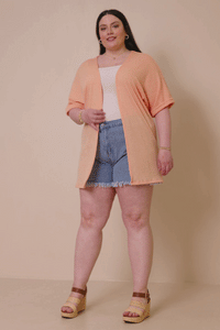 HDK1910 CORAL Womens Textured Knit Roll Sleeve Open Kimono Back