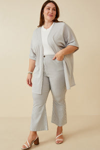 HDK1910 Grey Womens Textured Knit Roll Sleeve Open Kimono Full Body 2