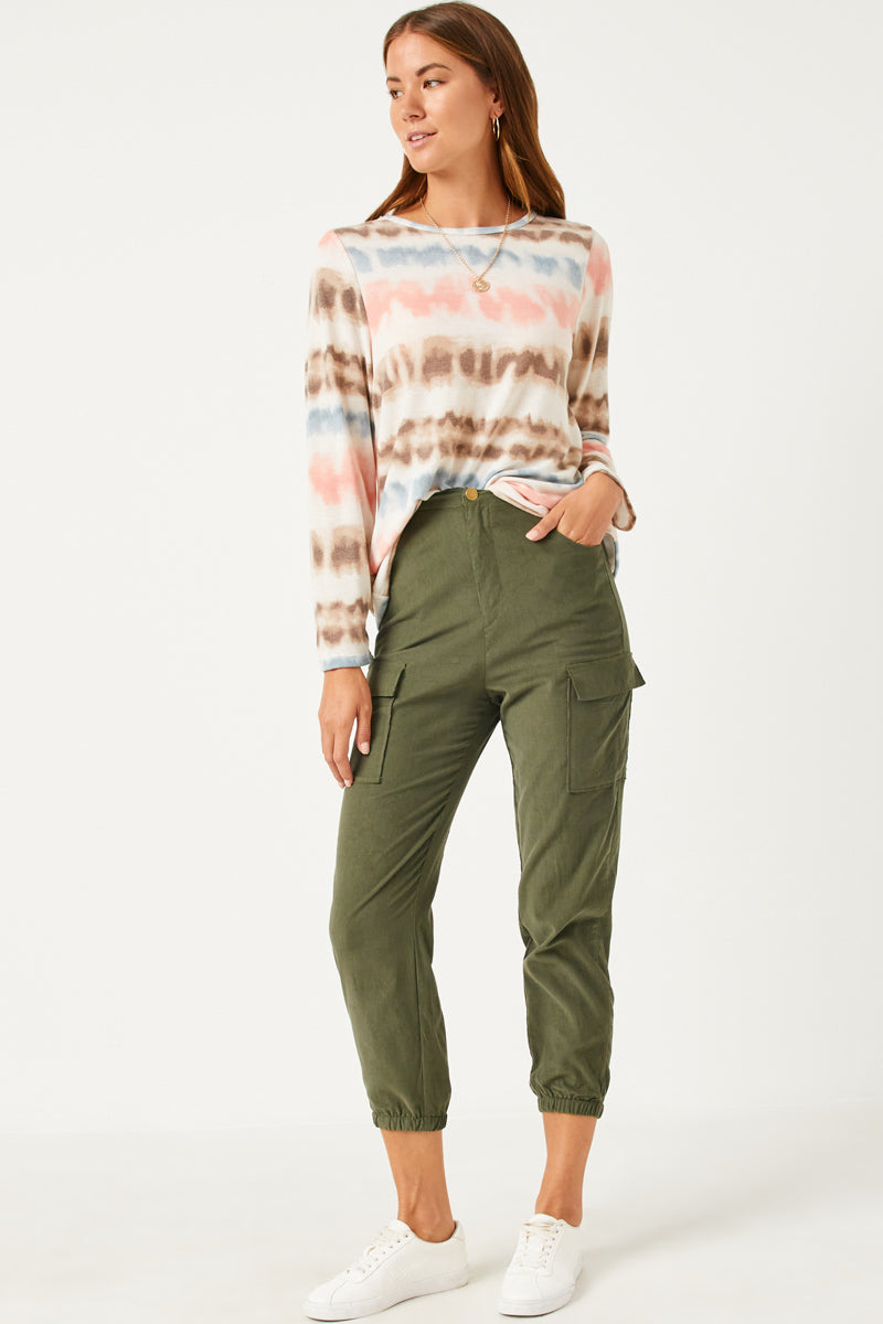 HDN4019 Purple Mix Womens Washed Stripe Knit Long Sleeve Tee Gif