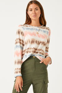 HDN4019 PURPLE MIX Womens Washed Stripe Knit Long Sleeve Tee Front