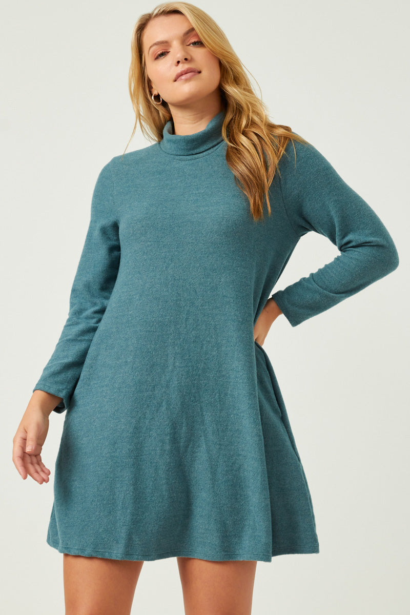 HDN4095 TEAL Womens Turtleneck Long Sleeve Brushed Knit Shift Dress Back