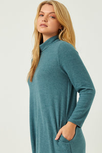 HDN4095W TEAL Plus Turtleneck Long Sleeve Brushed Knit Shift Dress Full Body