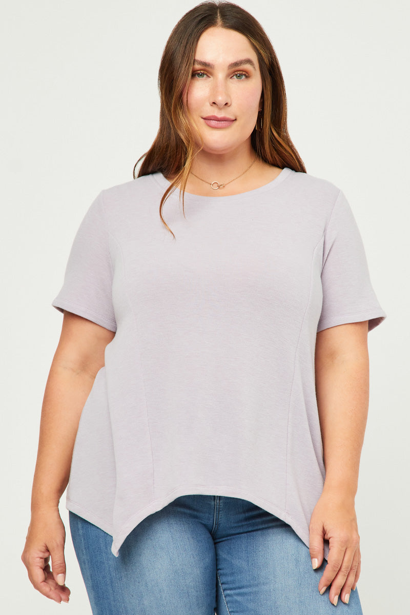 Womens Short Sleeve Handkerchief Hem French Terry Top