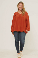 HDY5064 RUST Womens Puff Sleeve V Neck Knit Swiss Dot Top Front