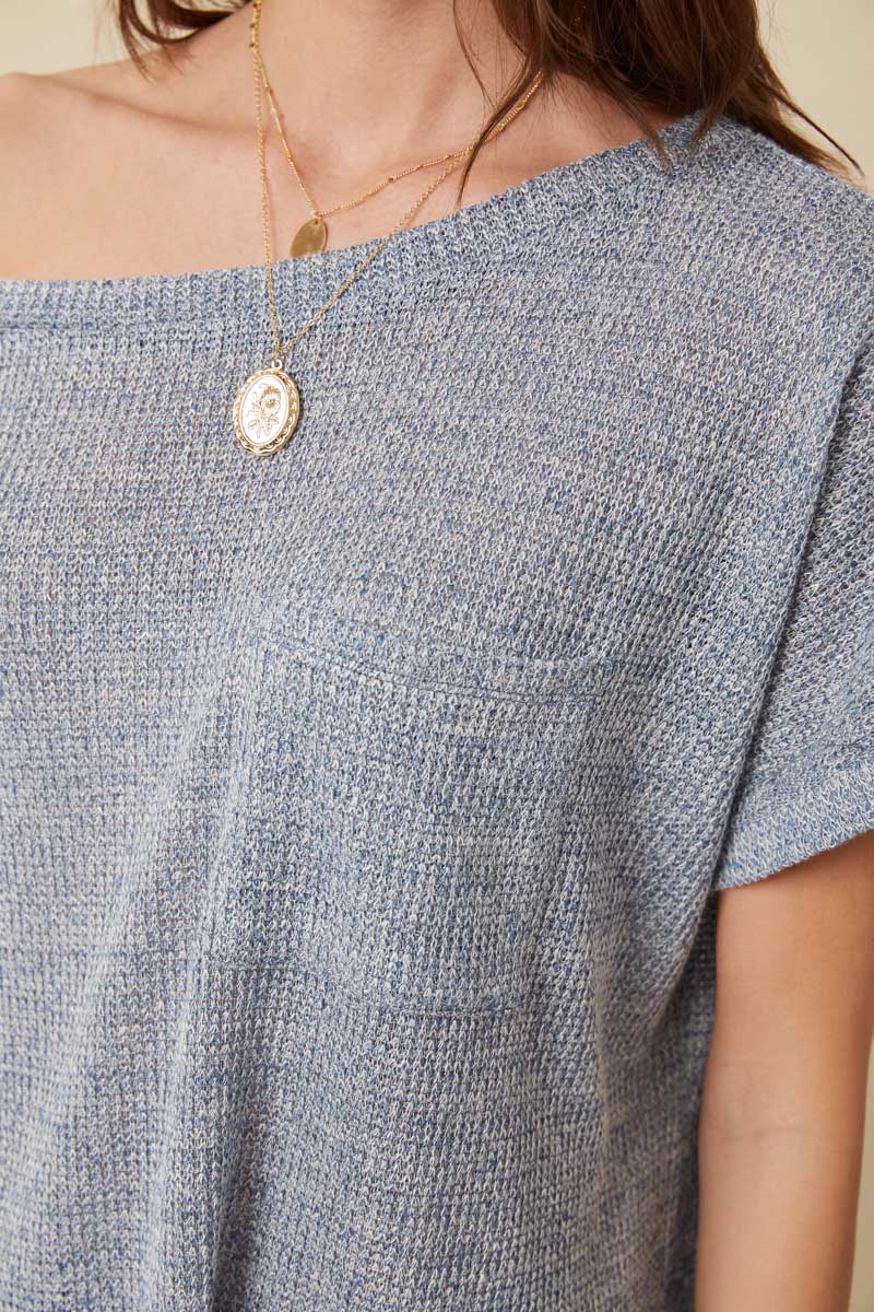 Wide Neck Loose Knit Pocket Slouchy Top