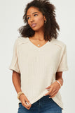 HDY5853W Oatmeal Plus Textured Ribbed Knit Double V Neck Boxy Top Front
