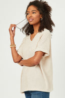 HDY5853W Oatmeal Plus Textured Ribbed Knit Double V Neck Boxy Top Front