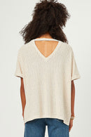 HDY5853W Oatmeal Plus Textured Ribbed Knit Double V Neck Boxy Top Detail