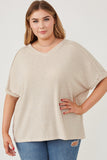 HDY5853 Oatmeal Womens Textured Ribbed Knit Double V Neck Boxy Top Front