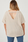 HDY5853 Oatmeal Womens Textured Ribbed Knit Double V Neck Boxy Top Back