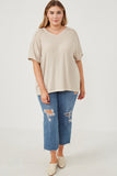 HDY5853 Oatmeal Womens Textured Ribbed Knit Double V Neck Boxy Top Side