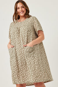 HDY5978W Sage Plus Floral Print French Terry Slouchy Pocket Dress Gif