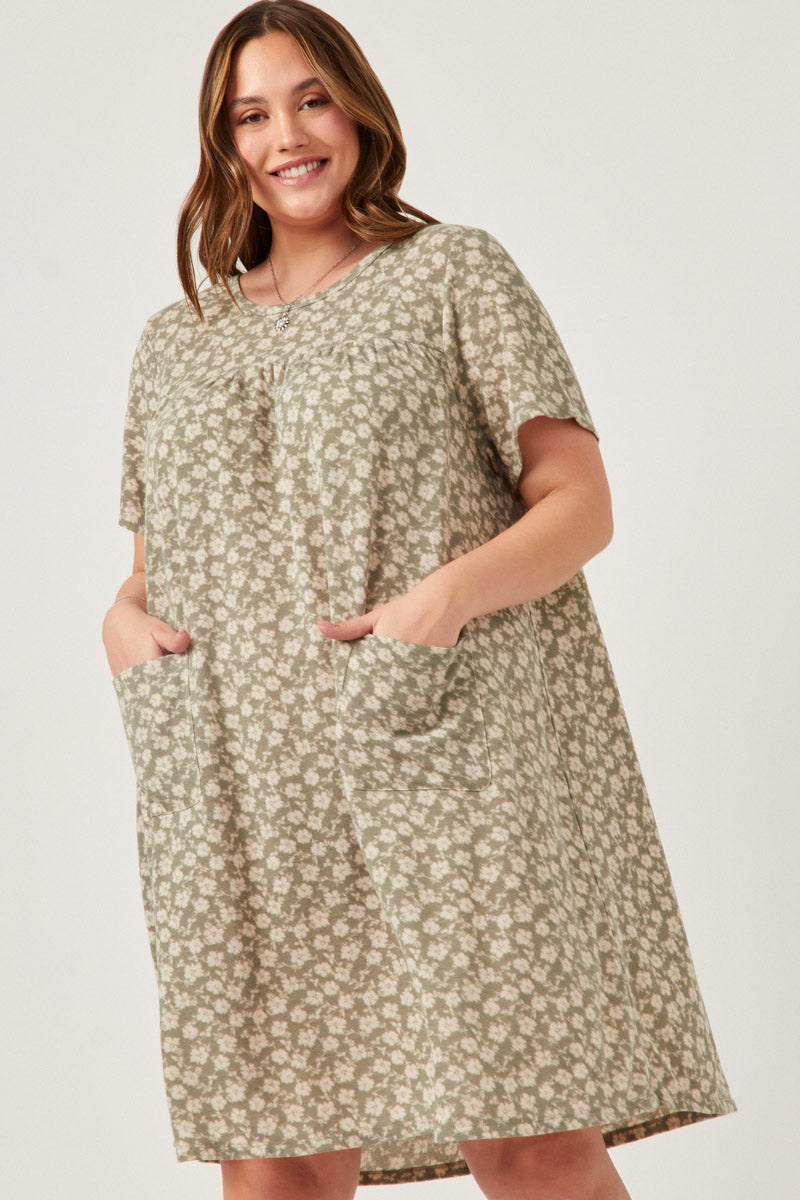 HDY5978W Sage Plus Floral Print French Terry Slouchy Pocket Dress Gif