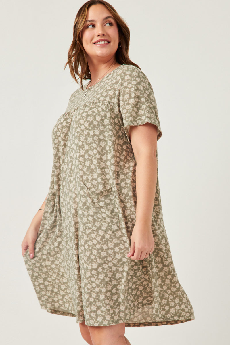 HDY5978W Sage Plus Floral Print French Terry Slouchy Pocket Dress Front