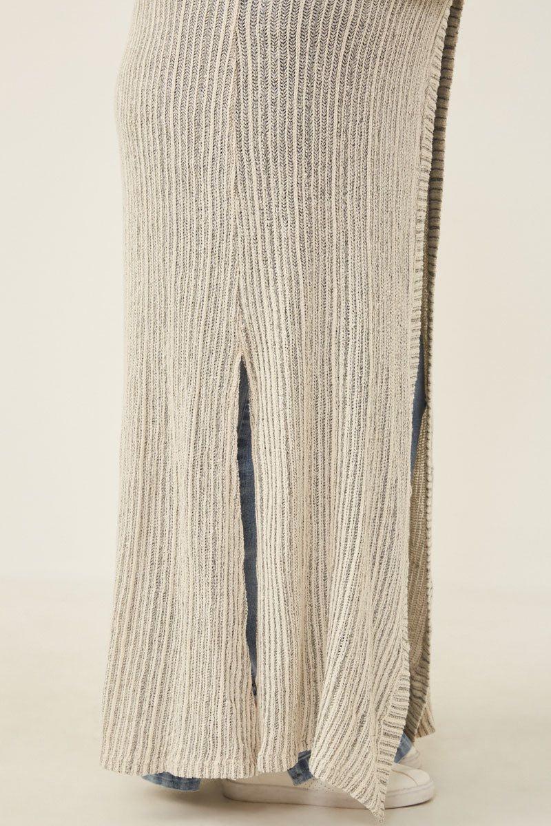 HDY6196 Oatmeal Womens Textured Stripe Loose Knit Side Slit Duster Detail