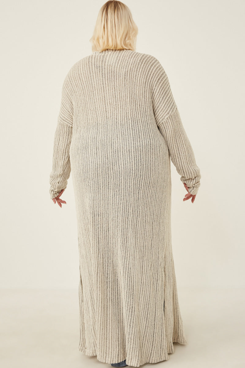 HDY6196 Oatmeal Womens Textured Stripe Loose Knit Side Slit Duster Back