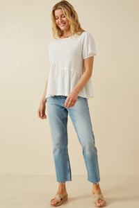 HDY7108 Lavender Womens Textured Puff Sleeve Asymmetric Panel Knit Top Gif