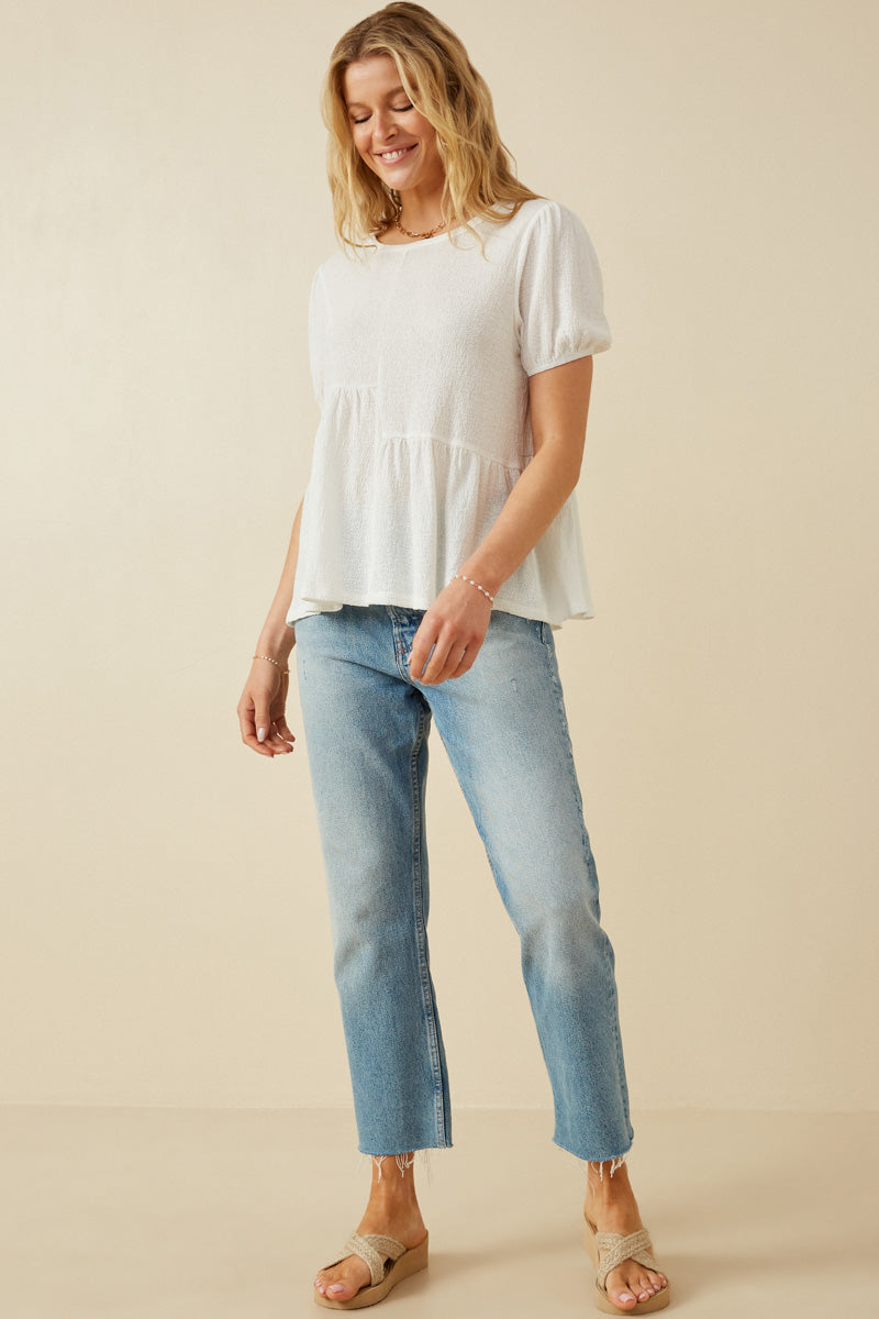 HDY7108 Lavender Womens Textured Puff Sleeve Asymmetric Panel Knit Top Gif