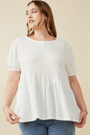 HDY7108W Lavender Plus Textured Puff Sleeve Asymmetric Panel Knit Top Front