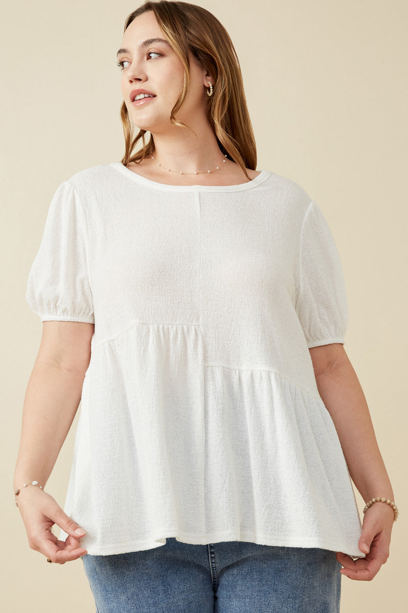 Womens Textured Puff Sleeve Asymmetric Panel Knit Top