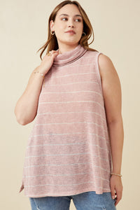 HDY7109 Mauve Womens Loose Knit Striped Cowl Neck Tank Front