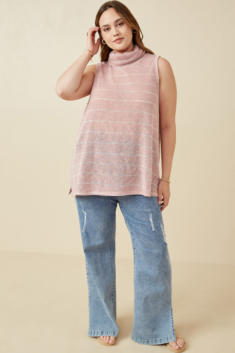 HDY7109 Mauve Womens Loose Knit Striped Cowl Neck Tank Back