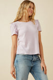 HDY7111 Lavender Womens Textured Ruffle Shoulder Knit Top Front 2