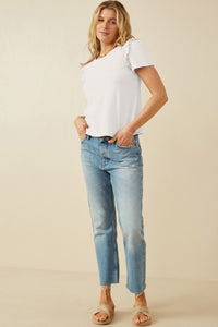 HDY7111 Off White Womens Textured Ruffle Shoulder Knit Top Full Body