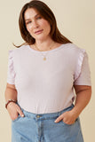 HDY7111W LAVENDER Plus Textured Ruffle Shoulder Knit Top Front