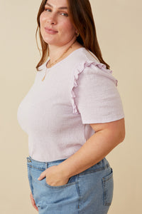 HDY7111W LAVENDER Plus Textured Ruffle Shoulder Knit Top Side