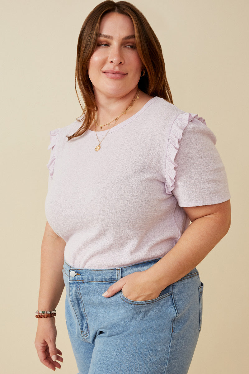 HDY7111W LAVENDER Plus Textured Ruffle Shoulder Knit Top Side 2