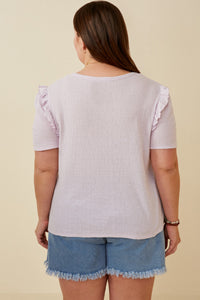 HDY7111W LAVENDER Plus Textured Ruffle Shoulder Knit Top Back