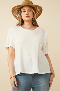 HDY7111W Off White Plus Textured Ruffle Shoulder Knit Top Front