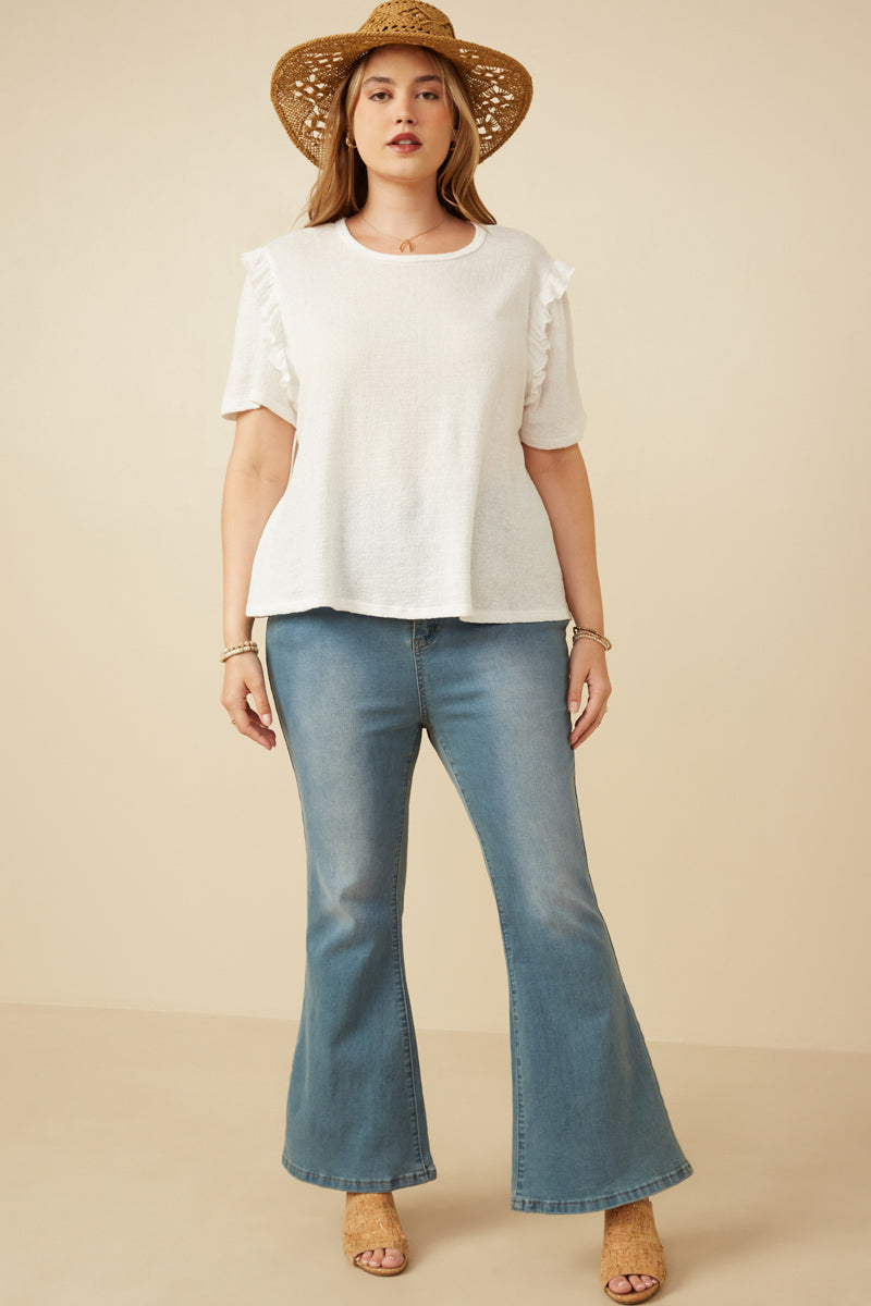 HDY7111 Lavender Womens Textured Ruffle Shoulder Knit Top Gif