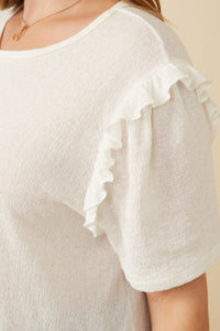 HDY7111W Off White Plus Textured Ruffle Shoulder Knit Top Full Body