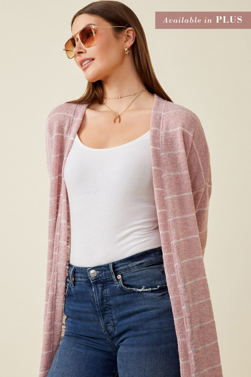 HDY7116W BLUE Plus Loose Knit Striped Open Duster Detail