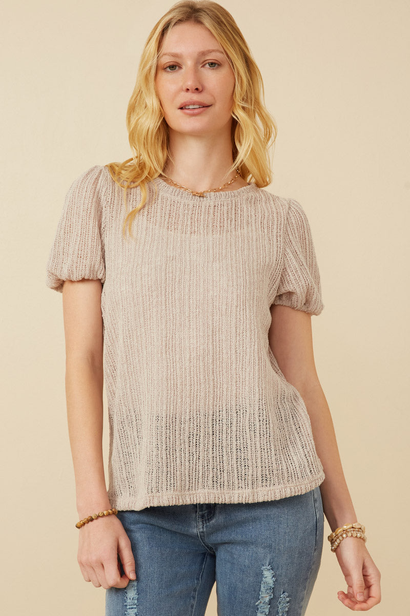 Womens Ribbed Knit Textured Puff Sleeve Top