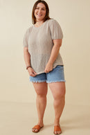 HDY7144 Brown Womens Ribbed Knit Textured Puff Sleeve Top Back