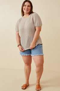 HDY7144 Brown Womens Ribbed Knit Textured Puff Sleeve Top Back