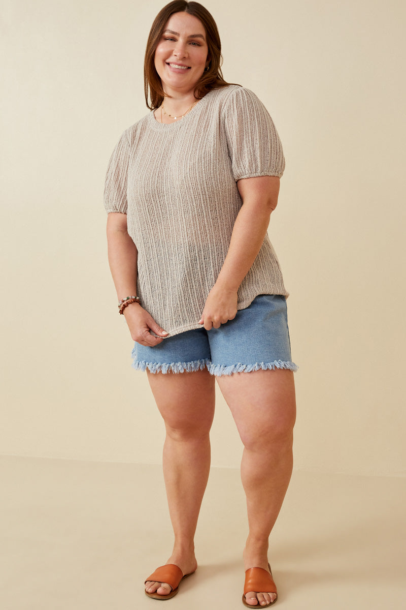 HDY7144 Brown Womens Ribbed Knit Textured Puff Sleeve Top Back