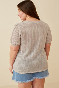 HDY7144W BROWN Plus Ribbed Knit Textured Puff Sleeve Top Detail