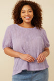 HDY7144 Lavender Womens Ribbed Knit Textured Puff Sleeve Top Front