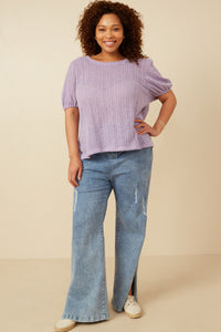 HDY7144 Lavender Womens Ribbed Knit Textured Puff Sleeve Top Gif