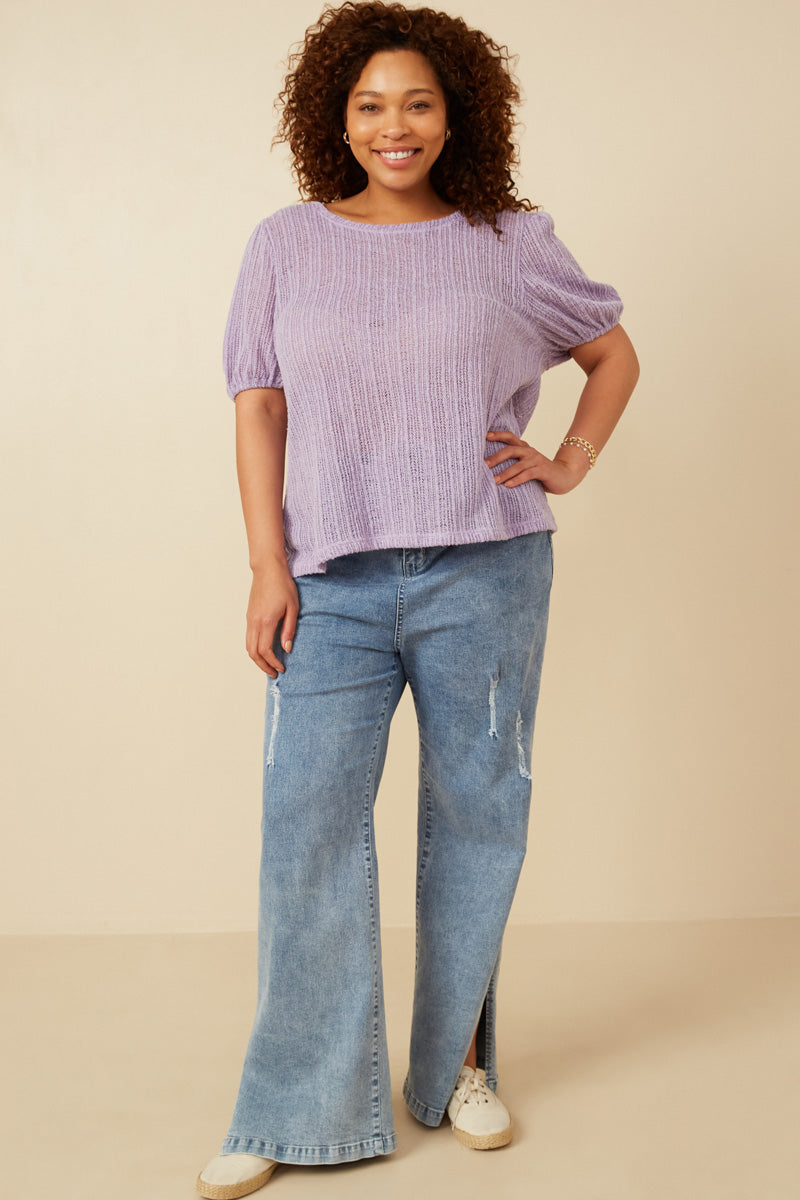 HDY7144 Lavender Womens Ribbed Knit Textured Puff Sleeve Top Gif