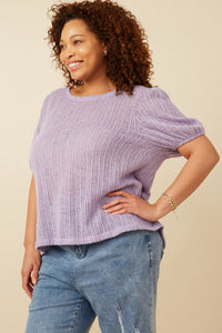 HDY7144 Lavender Womens Ribbed Knit Textured Puff Sleeve Top Full Body