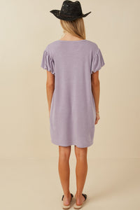 HDY8410 Mustard Womens Gathered Puff Sleeve French Terry Knit Dress Detail