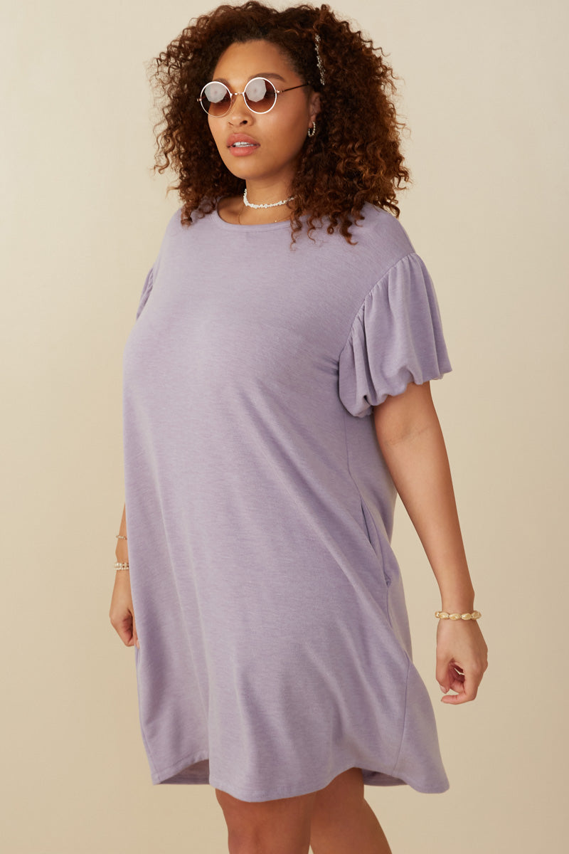 Gathered Puff Sleeve French Terry Knit Dress