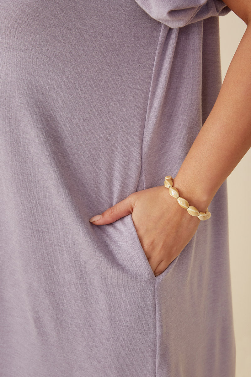 HDY8410W Mustard Plus Gathered Puff Sleeve French Terry Knit Dress Full Body